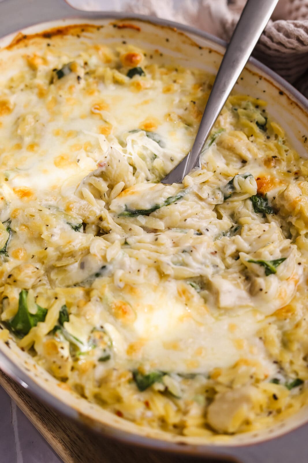 One Pan Creamy Spinach and Artichoke Orzo Bake - Cooking in my Genes