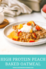 angled shot of peach baked oatmeal on a plate with yogurt and peaches