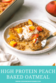 angled shot of peach baked oatmeal on a fork