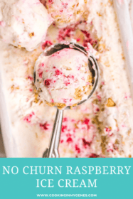 closeup of a scoop of raspberry crumble ice cream