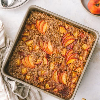 peach baked oatmeal in a baking dish