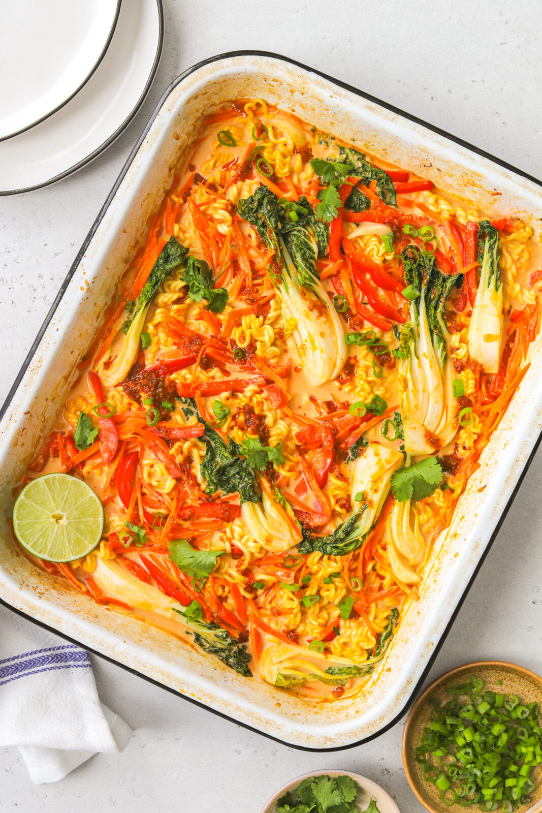 dump and bake ramen noodles and vegetables in a baking dish