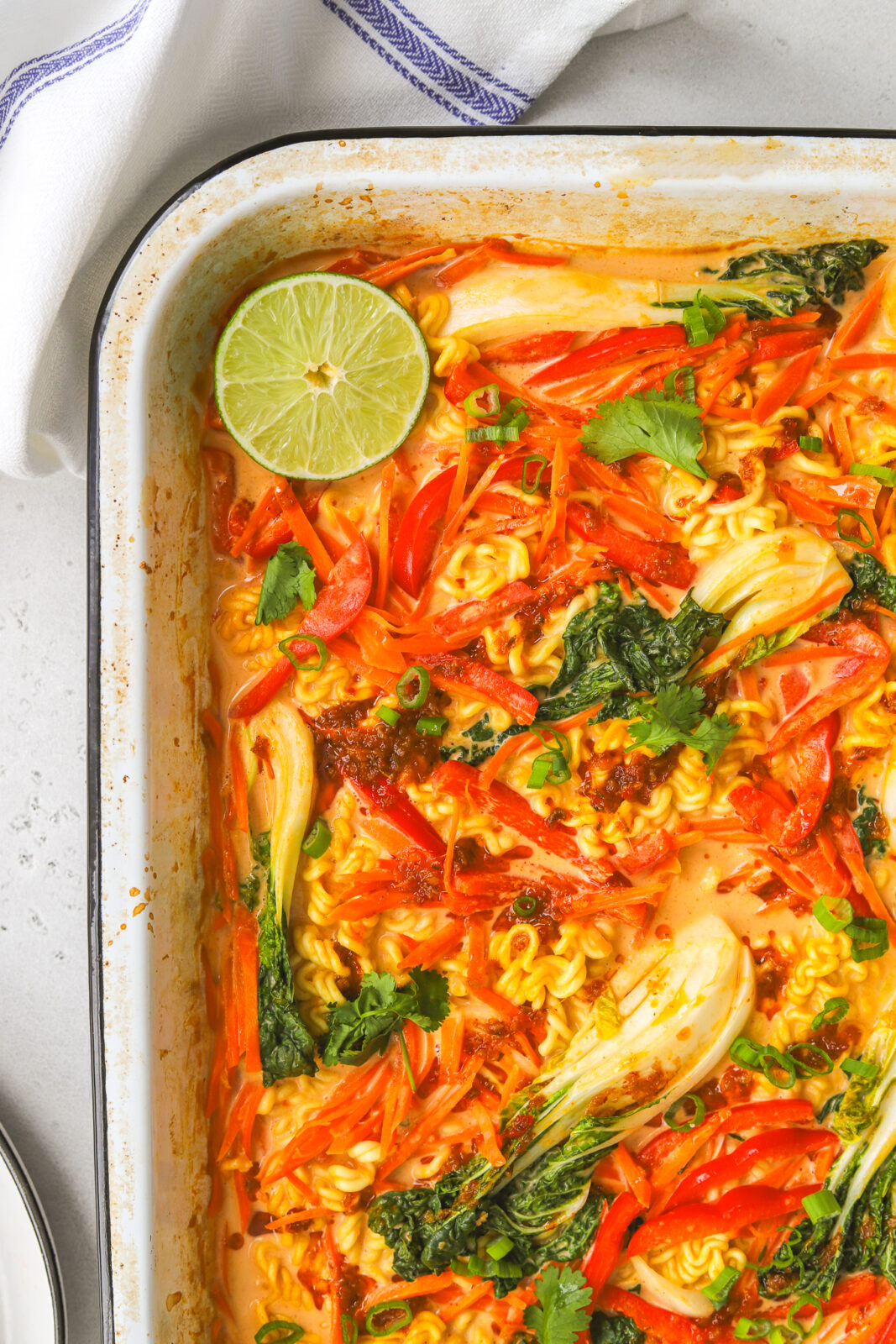 dump and bake ramen noodles and vegetables in a baking dish